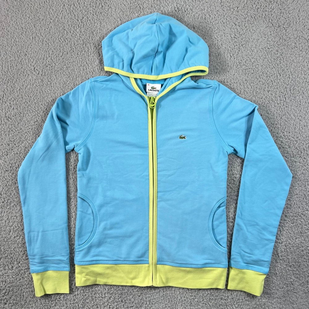 Lacoste Full Zip Hoodie Women US S (EU/4) Blue Lime‎ Green Logo Stretch VTG NWT